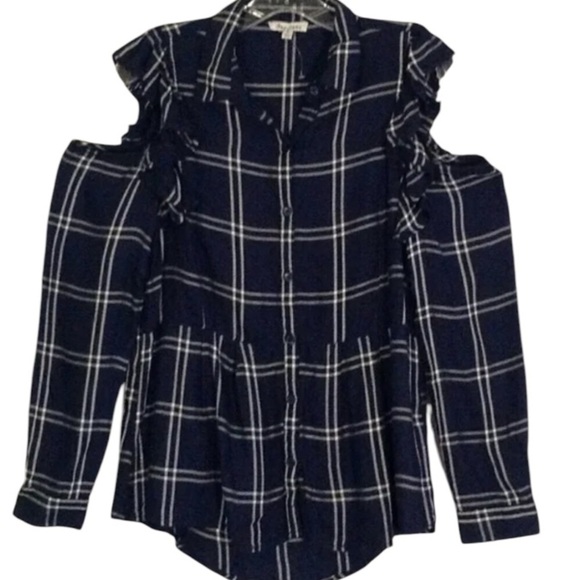 DIZZYLISSY COLD SHOULDER PLAID PRINT BABY DOLL BUTTON DOWN SIZE LARGE - Picture 1 of 4